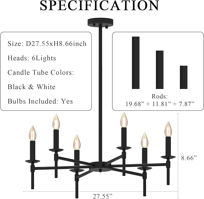 Black LED Chandeliers, Round Candle Hanging Lamp Ceiling, Modern Bedroom Chandelier Light Fixture for Kitchen Island Dining Room Living Room Farmhouse (Black-B 6Lights)