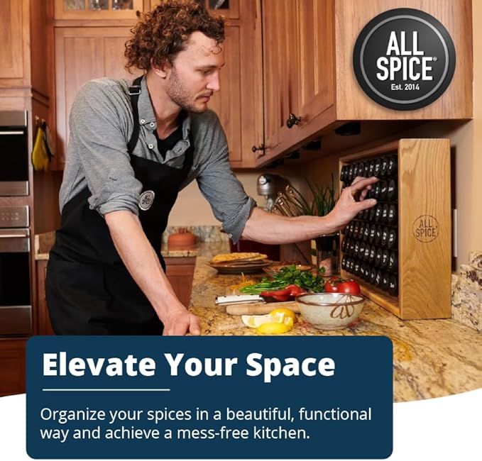 AllSpice Spice Rack Organizer, Wood, 525 Unique Labels, Countertop or Wall Mount, Includes 60 4oz Jars- Bamboo