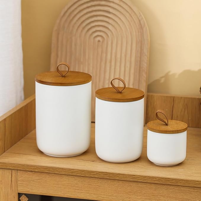 Canister Sets for Kitchen,Ceramic Kitchen Canisters for Countertop with Airtight Wood Lids for Serving Ground Coffee, Tea, Spice, Grains, Sugar, Salt (White Pack of 3 (8.7/27/44 Oz))