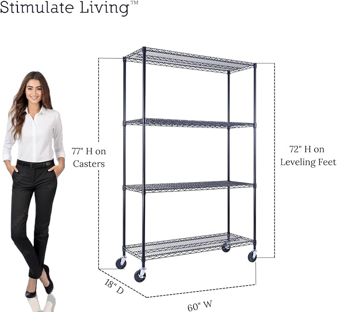 60"x18"x72" Prime Heavy Duty Black 4-Tier Wire Shelving NSF 3200 LBS MAX Capacity Storage Rack for Commercial, Hospital, School, Garage, and Kitchen Uses (with Wheels)