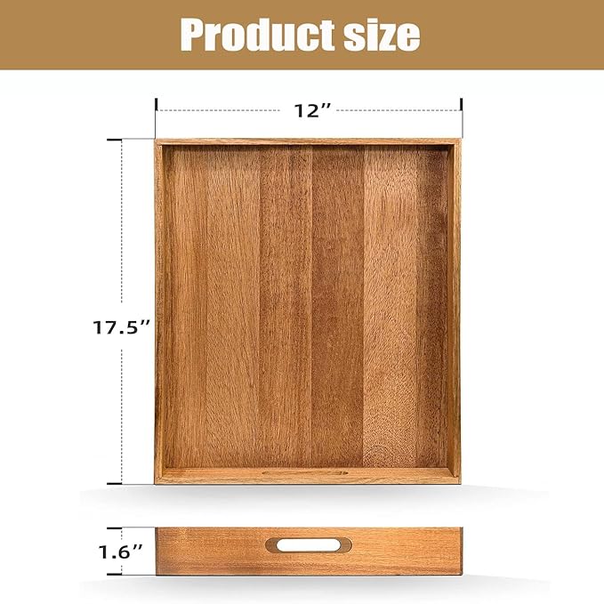 Acacia Wood Serving Tray with Handles - 17-Inch Large Wooden Tray for Ottoman - Perfect for Breakfast, Lunch, Dinner, Appetizers, Patio, Ottoman, Coffee Table,BBQ, Party – Great for Lap &Couch ﻿