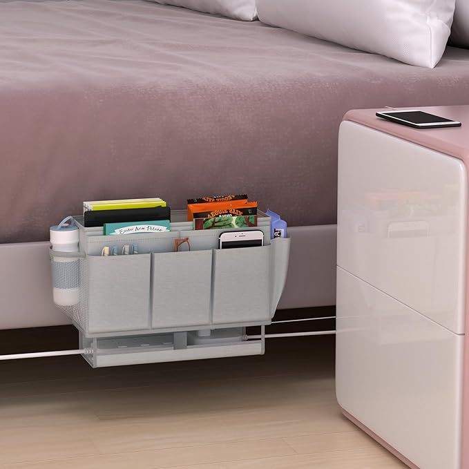 Bedside Caddy, Bed Organizer with 11 Pockets and Power Strip Holder, Versatile Bedside Storage Caddy for Home,Dorm,Bunk,Hospital,Crib Bed (2 Pack Grey)
