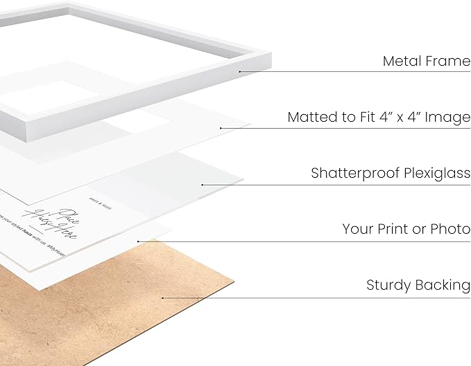 HAUS AND HUES 8x8 White Metal Picture Frames Matted to 4x4 - Features Premium Aluminum, Shatterproof Plexiglass - Ideal for Home, Room, Office (8x8 in, White, Set of 3)