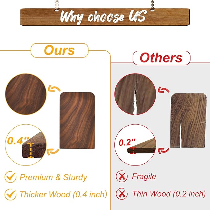 Book Ends, Black Walnut Wooden Bookends for Shelves - Heavy Duty Non-Slip Book Organizers, Upgraded Decorative Bookend Holders for Home, Kitchen, Office, Set of 2, Medium