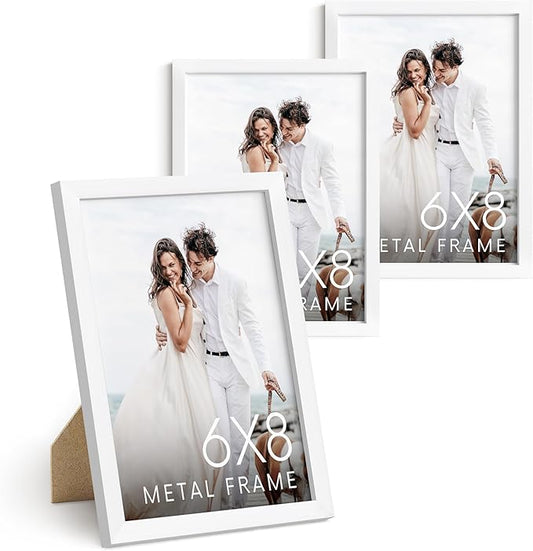 HAUS AND HUES 6x8 White Metal Picture Frames - Photo Frames 6x8 - Features Premium Aluminum, Vertical Hanging, Easel Back for Tabletop, Home, Office (6x8 in, White, Set of 3)