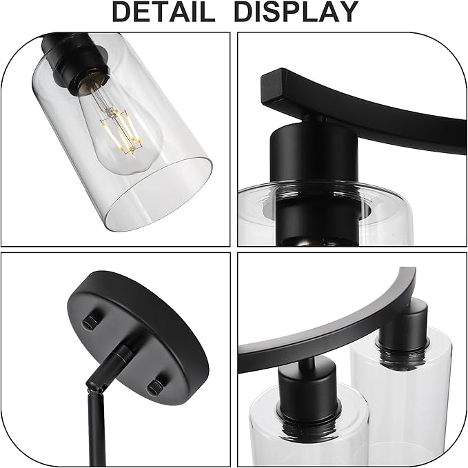 6 Light Modern Farmhouse Chandelier，Black Dining Room Light Fixture，Kitchen Pendant Lights Over Island with Glass Shade