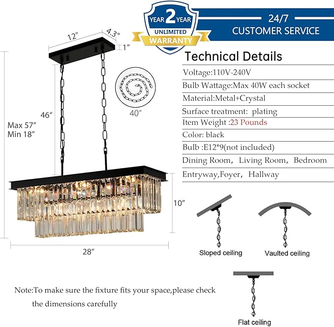 Black Crystal Chandeliers for Dining Room Light Fixtures Over Table，9-Lights Modern Rectangle Chandeliers for Kitchen Island Bar L28 Inch