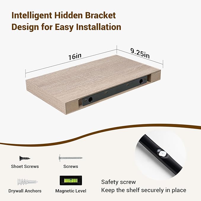 16 Inch Floating Shelves, 3D Textured Wood Grain, 16"x9.25"x1.5" Inch Deep Floating Shelves for Wall, Wooden Shelves for Bathroom, Bedroom, Living Room, Vintage White Oak