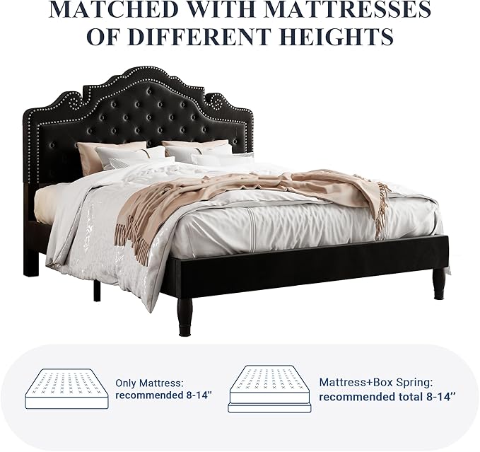 Allewie Queen Velvet Bed Frame with Adjustable Headboard, Wooden Slats, No Box Spring Needed, Easy Assembly, Black
