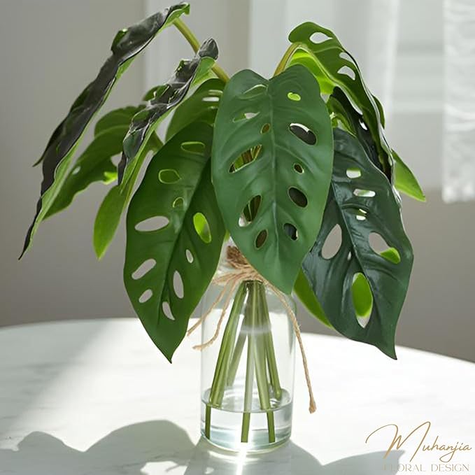 Artificial Flowers Turtle-Back, Alocasia Leaf, in Glass Vase with Faux Water,7Pcs Artificial Leaves Real Touch Latex Leaves for Centerpiece (1, Turtle-Back Leaf)