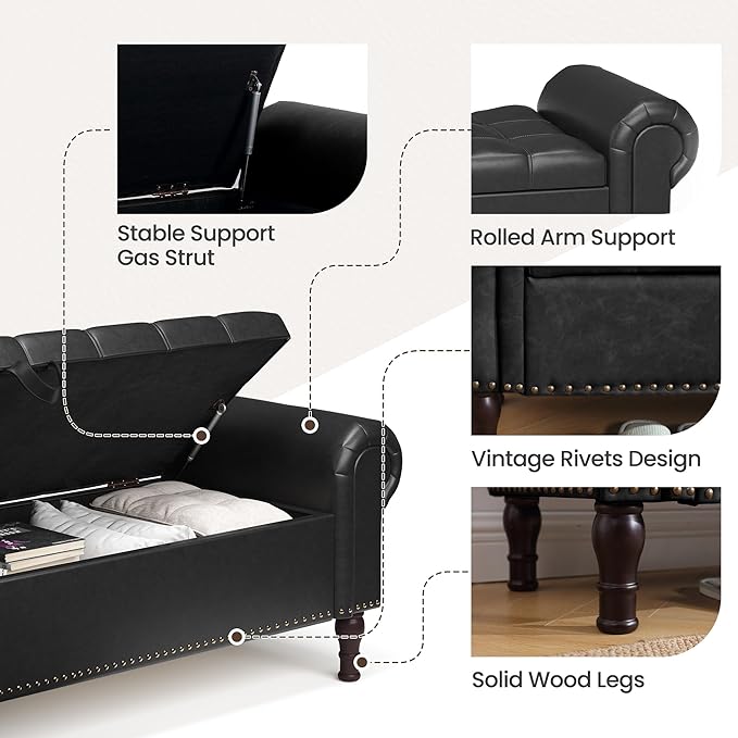 60" Storage Ottoman Bench for Bedroom, Full Queen Storage Bench with Button, Upholstered Bedroom Bench with Rolled Arms for Living Room, Storage Room, Entryway, Black