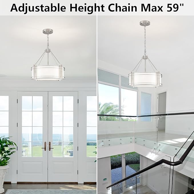 16.3''Drum Chandelier 3-Light Brushed Nickel Modern White Fabric Chandeliers Adjustable Drum Pendant Light for Dining Room Kitchen Island Hallway Living Bedroom