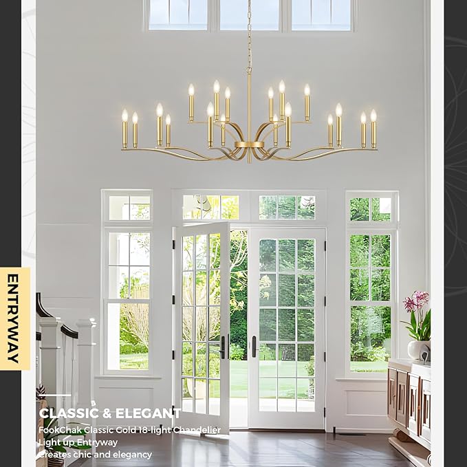 18 Light Gold Living Room Chandelier High Ceiling Foyer Candle Chandelier Large Modern Brass 59in Metal Chandeliers Hanging Light for Master Bedroom Dining Room Light Fixture Over Table