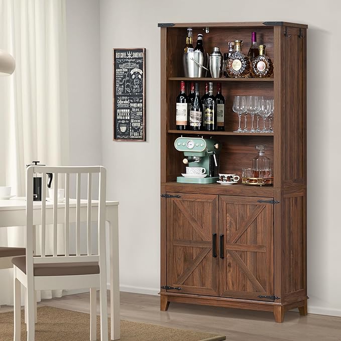 70in Tall Bookshelf 5 Tier Bookcase with Barn Doors and Adjustable Shelves, Brown Farmhouse Book Shelf with Storage Cabinet, Wood Freestanding Display Bookshelves for Bedroom, Kitchen (3PCS)