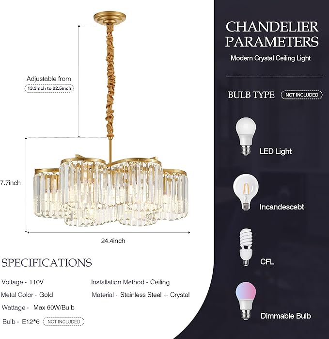 24.4“ Gold Semi Flush Mount Ceiling Light Fixtures, 6-Light Gold Modern Crystal Chandelier Height Adjustable Pendant Lighting for Bedroom Entryway Hallway Kitchen Island Living Room Foyer