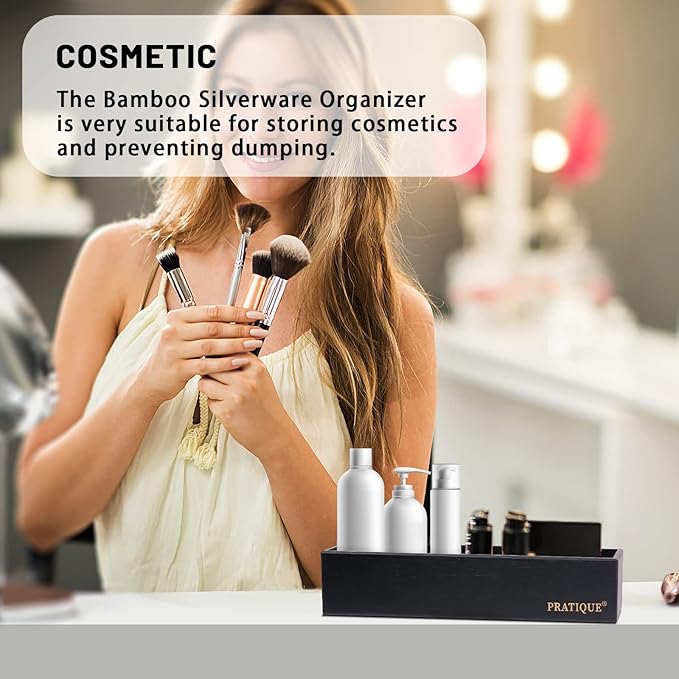 Bamboo Drawer Organizer - Kitchen Utensil Organizer Silverware Tray Cutlery Holder，Office Desk Supplies and Accessories,8.9 * 5.9 * 2.6inch,Black