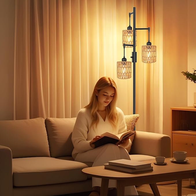 3-Light Boho Floor Lamp for Living Room, Rattan Wicker Standing Lamp Palm Tree Design, Farmhouse Coastal Floor Light with Woven Shade, Tall Bohemian Lamp