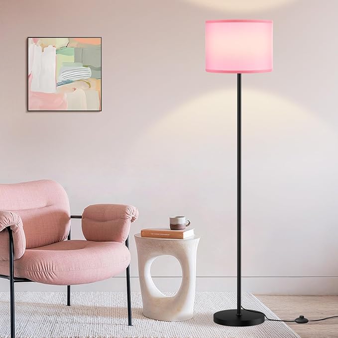 Ambimall 60'' Modern Floor Lamp with Shade, Tall Lamps for Living Room, Bedroom, Office, Dining Room, Pink Shade with Black Pole(Without Bulb)