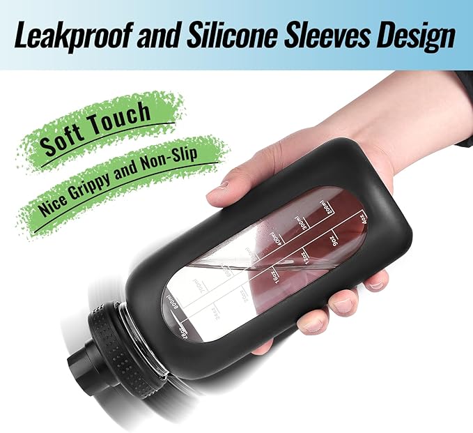 64 oz Glass Water Bottle With Straw and Handle, Half Gallon Sports Motivational Water Jug Flask with Silicone Sleeve, Large Water Cup with Time Marker for Travel, Gym, Purple