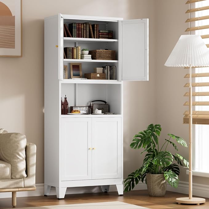 69" Tall Kitchen Pantry Cabinet, Metal Storage Cabinet with 4 Doors and Adjustbale Shelves, Freestanding Cupboards for Dining Room, Living Room, Bathroom