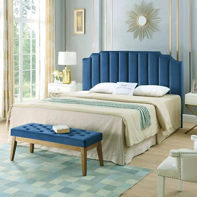 24KF Navy Blue Velvet Tufted King Upholstered Headboard, Modern Vertical Channel Design California King Headboard with Stepped Silhouette Top Edge, Navy Blue