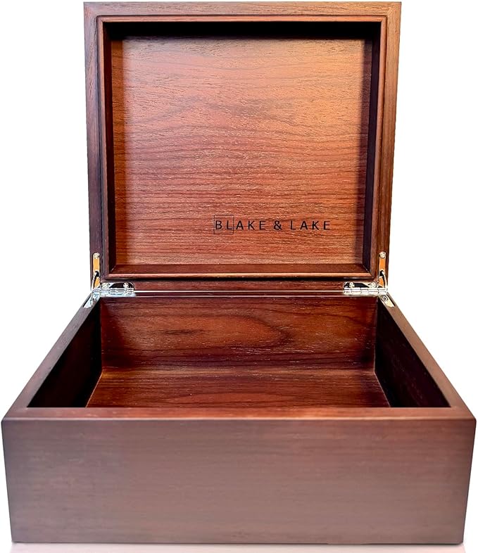 Blake & Lake Wooden Box with Hinged Lid - Solid Walnut Wood Eco Box - Wood Storage Box with Lid - Wooden Keepsake Box - Decorative wooden boxes with lids (Walnut)
