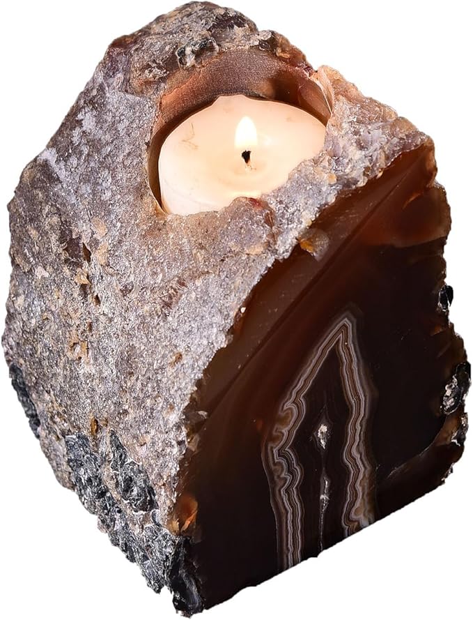 AMOYSTONE Agate Candle Holder Multi-Functional Décor 1-1.5lb Pillar Candles & Makeup Brush Storage | Irregular Half-Cut Design | Meditation Desk Accent | Spiritual Starter Gift