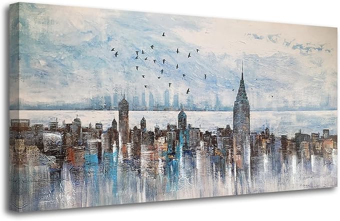 Arjun Cityscape Wall Art New York City Skyline Buildings Picture Modern Abstract Grey NYC Skyline Birds City View Painting Framed Artwork for Bedroom Living Room Home Office Decor Extra Large 58"x29"