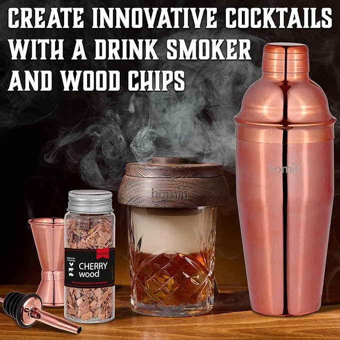 Bartender Kit with Whiskey Smoker - 13 pcs, Bamboo Stand - Bar Set with Cocktail Shaker, Bartending Kit with Essential Bar Accessory Tools, Wood Chips, Pink Gold