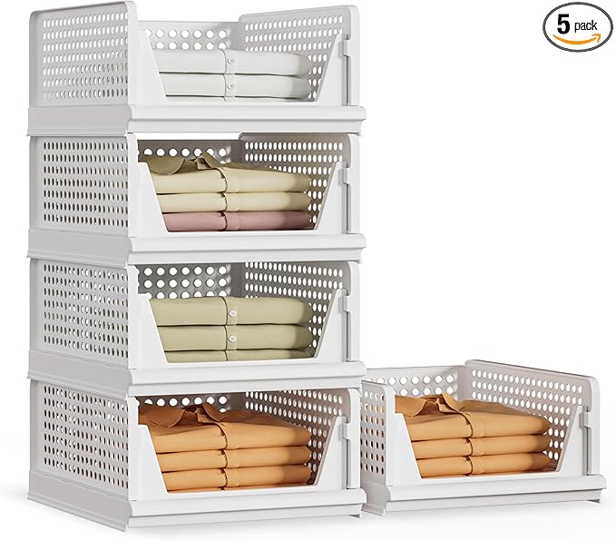 5 Pack Stackable Plastic Storage Basket Closet Organizer Bin Foldable Clothes Organizer Storage Drawer Shelf Container for Living Room Bathroom Kitchen Office (5L)