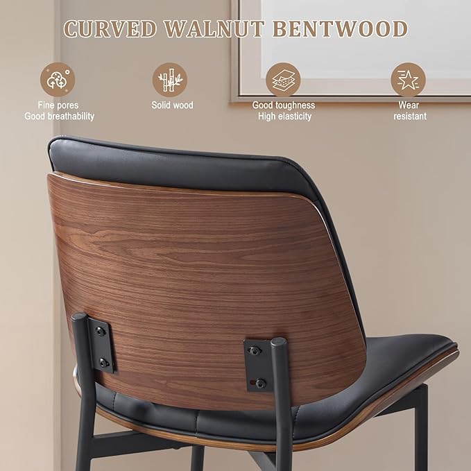 BV Mid Century Modern Dining Chairs Set of 4, Upholstered Pu Leather Armless Accent Chair with Walnut Bentwood Back, Retro Kitchen Chair for Dining Room, Living Room, Kitchen, Black