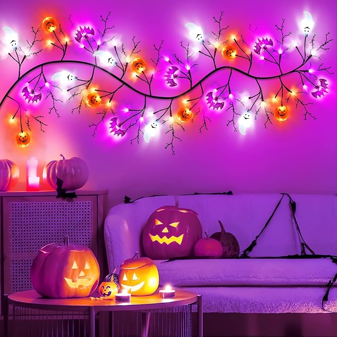 7 Ft 63 LED Halloween Willow Vine Twig Garland with 8 Modes Timer Orange Purple White Lights,7 Pumpkin Bat Ghost, Garland with Battery Operated for Wall Fireplace Halloween Decorations