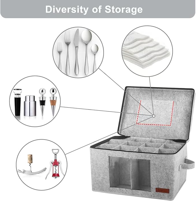2 Pack Wine Glass Storage Box with Dividers, Stemware Storage Containers for Packing and Moving, China Storage Containers Box for 12 Crystal Glassware, Wine Glasses, Drinkware,Light Gray