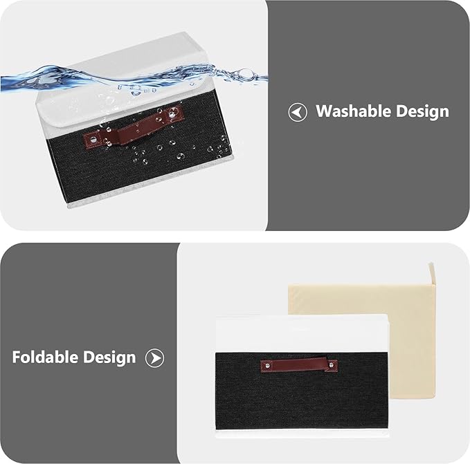 ANMINY Storage Boxes with Lids Washable Decorative Storage Bins Basket with PU Leather Handle Foldable Linen Fabric Storage Cubes Containers for Home Closet Organizer - Black White, Small Size