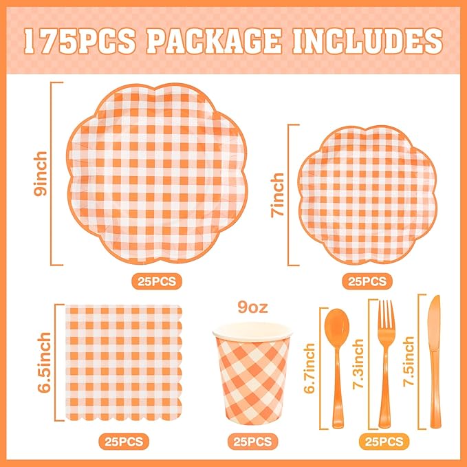 175 Pcs Orange and White Gingham Party Supplies - Orange Gingham Paper Plates and Napkins Sets Serve 25 - Scalloped Checkered Plates for Birthday Picnic Fall Halloween Thanksgivng Party Decorations