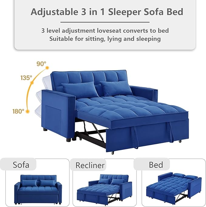 3 in 1 Convertible Sleeper Sofa Bed,Futon Loveseat Couch with Pull-Out Bed & Adjustable Backrest,Velvet Fabric Sofa with Side Pocket for Small Apartment, Living Room, Office (Blue)