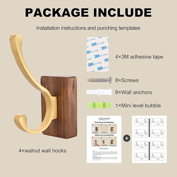 2 Pack Wooden Wall Hooks for Hanging, Adhesive Mounted Wall Mounted Boho Decorative Nature Wood Coat Hook for Towel Clothes Blanket Hat Backpack Robe Nursery Door Board Entryway Key Holder Gold