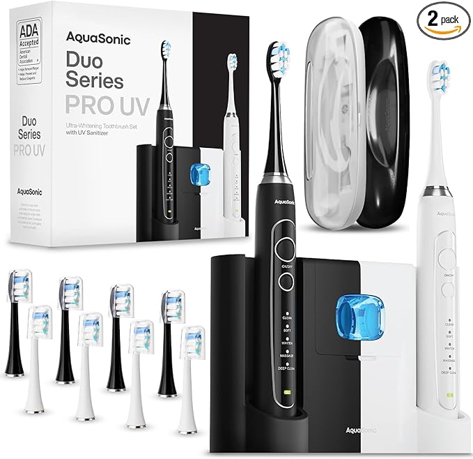Aquasonic Duo PRO – Ultra Whitening 40,000 VPM Electric ToothBrushes – ADA Accepted - 5 Modes with Smart Timers - UV Sanitizing & Wireless Charging Base - 10 Proflex Brush Heads & 2 Travel Cases
