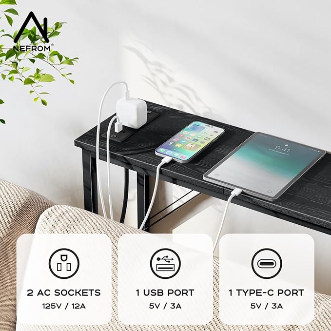 39.4" Console Table, Skinny Entryway Table with Fast-Charging Station, Narrow Long Sofa Table, Behind Slim Couch Table for Entrance, Hallway, Living Room Decor ST-BK100-1