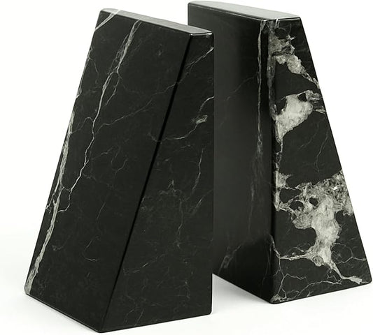 Bey-Berk Black Zebra Marble Bookends, Black ? 7.25" Tall, White Veins, Heavy-Duty Triangular Stone Book Stopper
