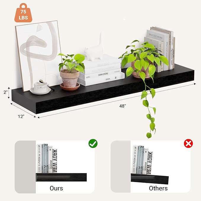 Heimlove 12 Inch Deep Floating Shelves, 48 x 12 inches Long Wall Shelf, Large Display Shelf & Storage Shelf, Rustic Wood Wall Shelves for Fireplace Mantel, Set of 1(Black)