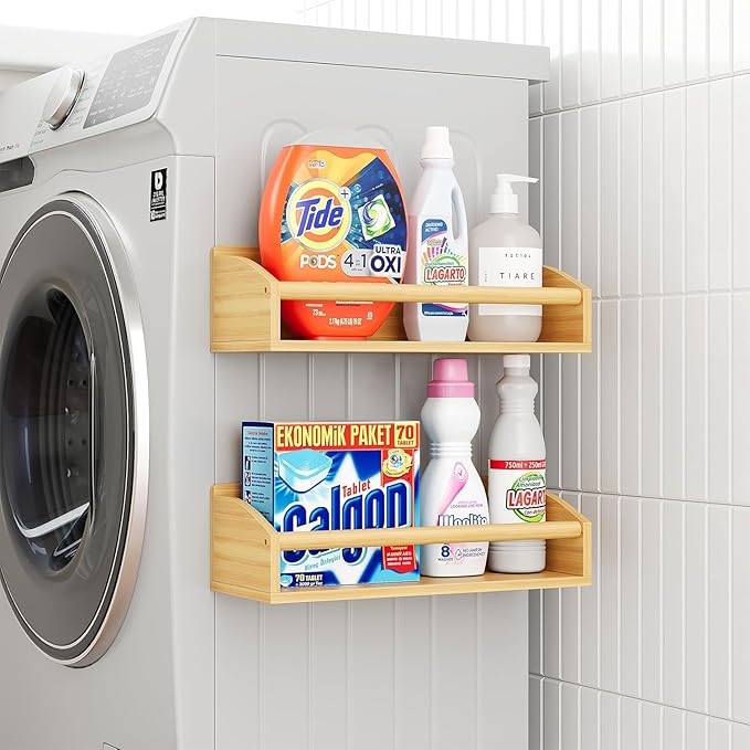 2 Pack Magnetic Spick Rack for Refrigerator, Fridge Organizer Shelf, Bamboo Wood