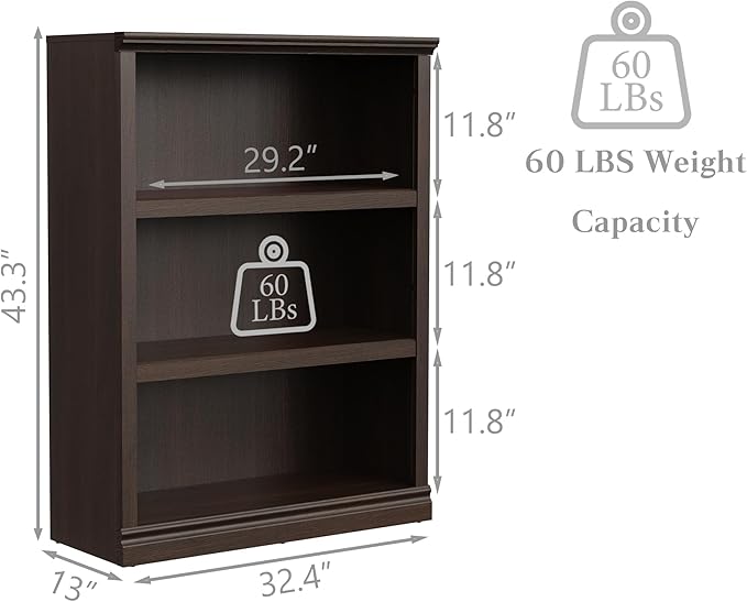 43 in Tall Bookcase, 3-Tier Bookshelf Open Storage, 33 inch Wide Floor Standing Indoor Furniture, Book Cases for Home School Library Office Bedroom Kids, Dark Cherry 3 Tiers