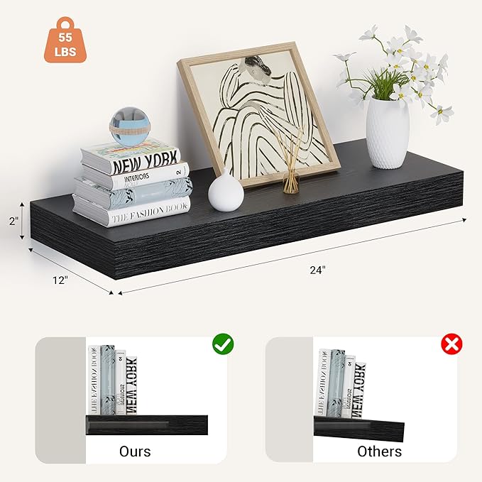 Heimlove 24 x 12 Inch Deep Floating Shelves Wall Mounted with Invisible Brackets,Storage Hanging Shelf for Wall Decor in Bathroom, Bedroom, Toilet, Kitchen, Living Room, Office Set of 1 (Black)