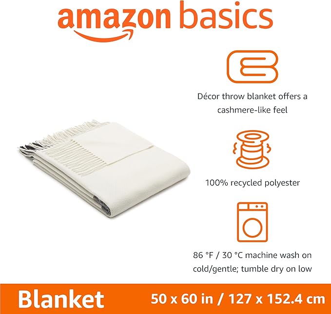 Amazon Basics Room Decor Throw Blanket, Lightweight and Cozy in Polyester, Ivory With Blue Cross-check Pattern, 50"x 60"