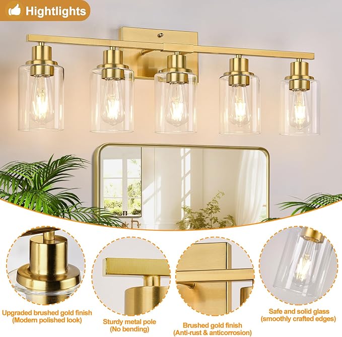 5-Light Bathroom Vanity Light with Clear Glass Shades, Brushed Gold Bathroom Light Fixtures Over Mirror, Modern Vanity Light for Mirror Living Room Cabinet Bedroom Porch