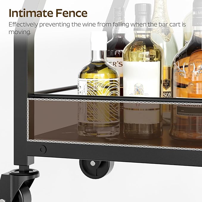 Bar Cart, Bar Cart for The Home, Small Bar Cart on Wheels, Beverage Cart, Home Bar Serving Cart with Glass Holder, Drink Cart for Bar, Kitchen, Dining, Marble Black and Black BC03BM