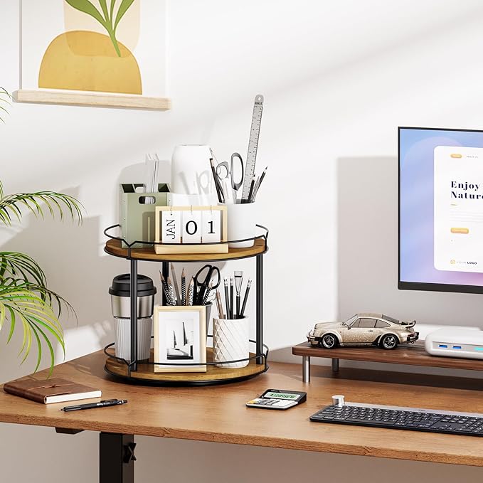 12.4" Lazy Susan Organizer 2 Tier - Rotating Spice Rack, Wooden Spinning Spice Holder for Inside Cabinet, Pantry, Kitchen, Countertop, Bathroom and Vanity, Versatile Storage