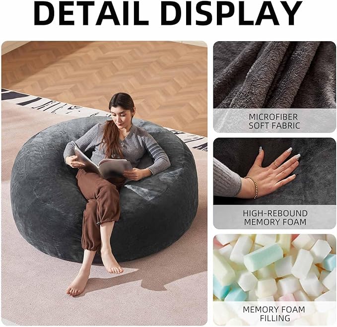 Bean Bag Chair 5Ft, Memory Foam Filled, Large Beanbag Chairs for Adults and Teens, Soft Sofa with Removable Flannel Cover, Round Couch for Living Room Bedroom College Dorm (Dark Gray, 5FT-60×60"×24")
