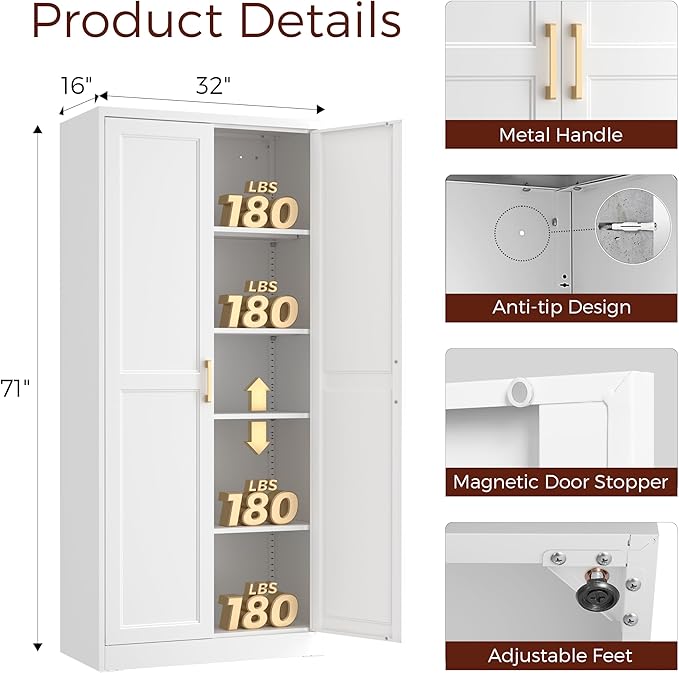 71" Tall Metal Pantry Cabinet, White Kitchen Pantry Storage Cabinet with 4 Adjustable Shelves and Gold Handles, Cupboard for Kitchen, Dining Room, Living Room, Bathroom